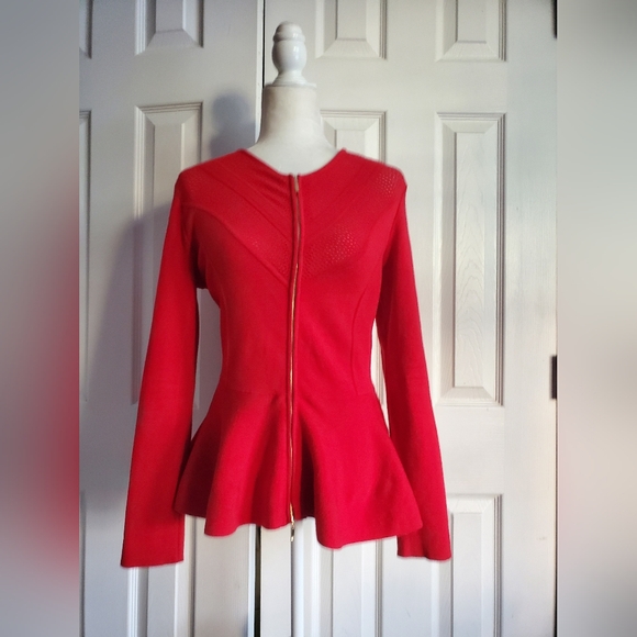 Escada Double Gold Zip Front Peplum Perforated Bodice Chevron Knit Sweater - Picture 10 of 15